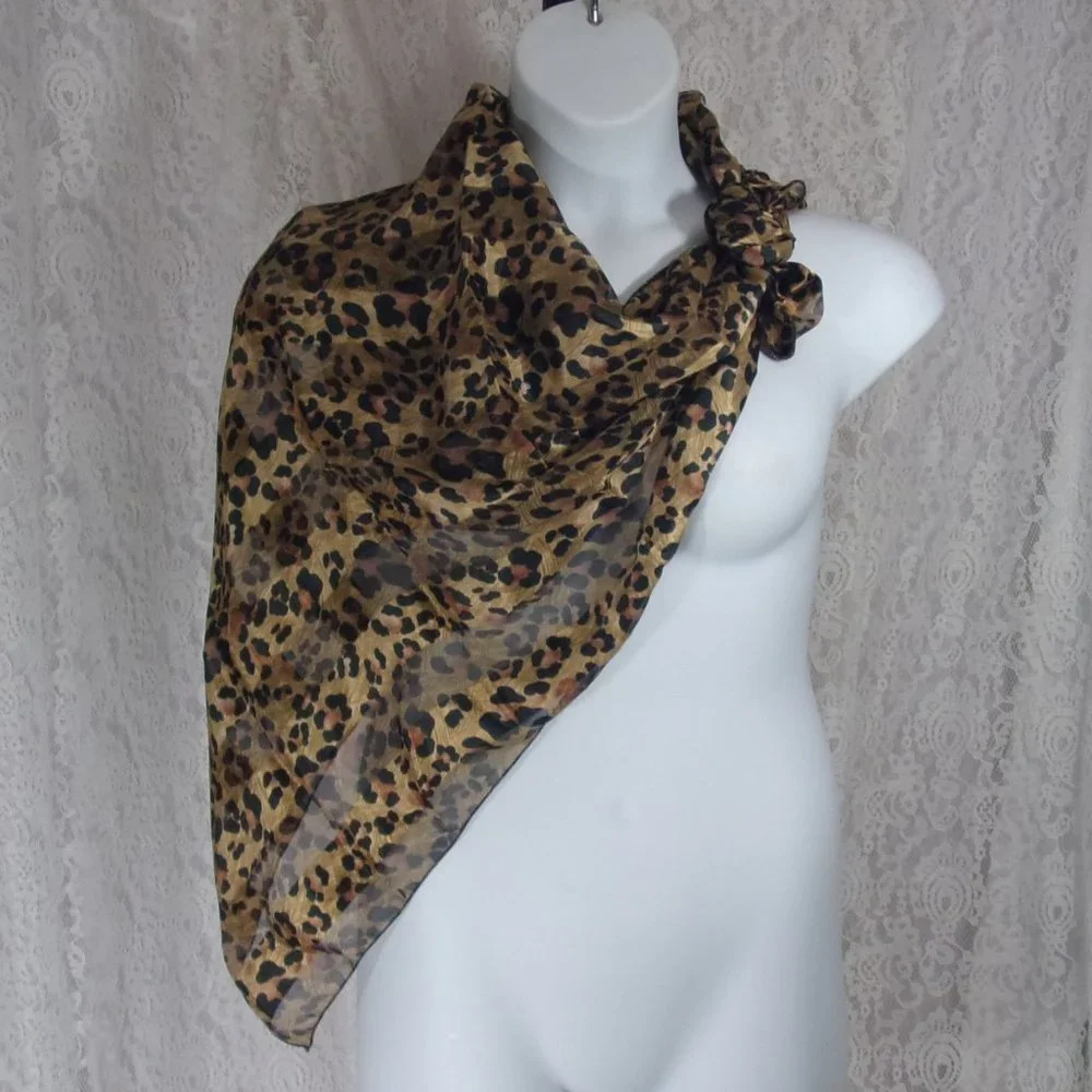 Leopard Jungle Print Scarf Ribbon Design Brown Black Beige NWOT